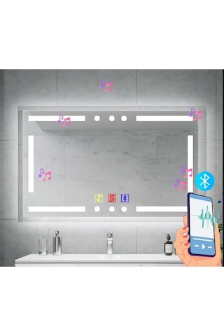 120x80 H Cm Bluetoothlu Buğu Çözücülü Dokunmatik Işıklı Kumlamalı Banyo Aynası