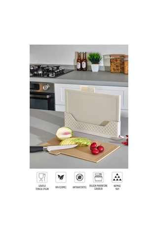 4'lü Tezgah Üstü Yatay Standlı Kesme Tahtası - Çoklu Doğrama Tahtası Ekmek Sebze Et Kesim Panosu Bej