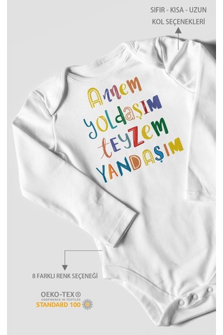 Annem Yoldaşım Teyzem Yandaşım Baskılı Bebek Zıbını Çıtçıtlı Body %100 Pamuk Uzun Kol Beyaz
