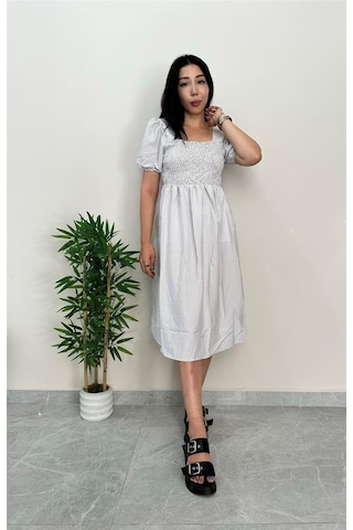 Simli Moda Çizgili Göğsü Lastikli Gri Elbise