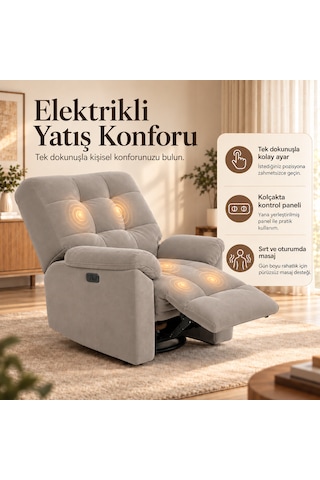 Smarto Relax Porto Masajlı Elektrikli Döner Sallanan Tv Koltuğu Kontrol Panelli Ergonomik Polyester Baba Koltuğu Ekru