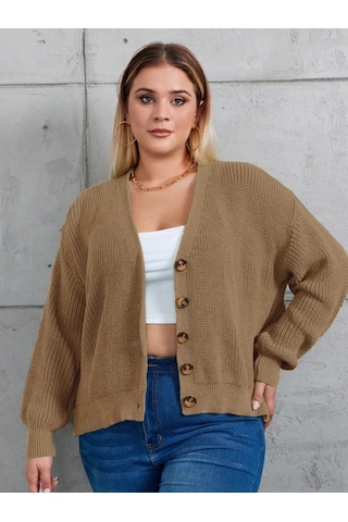 Defymoda Kadın Beş Düğme Büyük Beden Triko Hırka Kahve