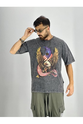 Cocopelli Erkek Yıkamalı Kumaş Baskılı T-shirt Coc2218 Koyu Gri