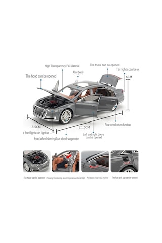 Scowetto Audi A8 Long Quattro Tarzı 1:24 Metal Araba Diecast Audı 6 Kapı Bagaj Kaput Koleksiyon Model Gri