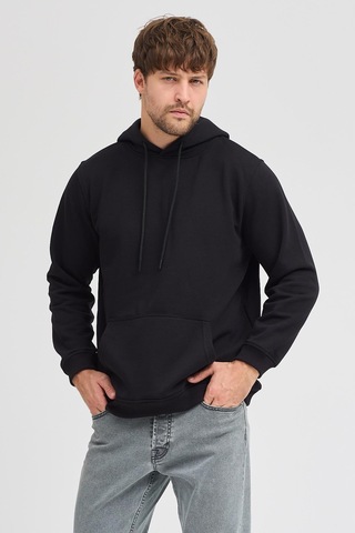 Erkek Siyah Standart Fit Normal Kesim Içi Polarlı 3 Iplik Kapüşonlu Pamuklu Sweatshirt Siyah