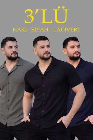 Mbb E-ticaret Erkek Waffle Kumaş Yakalı Kısa Kol Düğmeli Gömlek 3 Lü Set Siyah-haki-lacivert