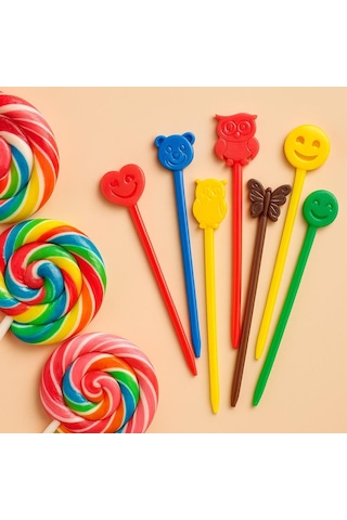 Renkli Figürlü Plastik Lolipop Ve Elma Şekeri Çubuğu Emoji & Hayvan Desenli Doğum Günü Sunum Çubuğu 12 Li Paket