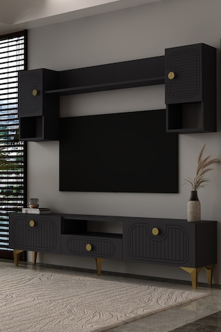 Bellagio Lazer Desenli Tv Ünitesi Takımı 180 Cm - Aa Antrasit - Altın