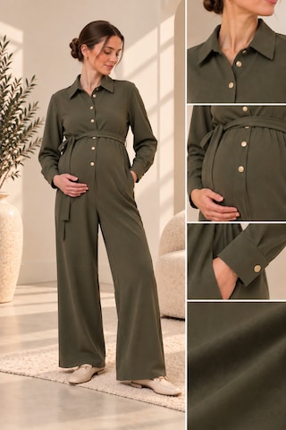 Luvmabelly Myra6170 Hamile Gömlek Yaka Kuşaklı Tulum - Haki