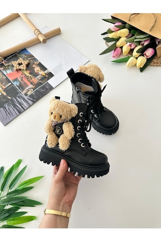 Miniğimin Cicileri Peluş Ayıcık Detaylı Premium Kız Çocuk Postal Bot - Siyah Siyah