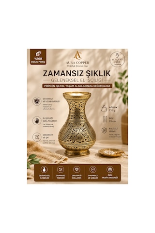El İşlemeli Eskitme Desenli Bakır & Gold Sarı Pirinç Vazo 23 Cm El İşçiliği Dekoratif Salon Mutfak Konsol Çiçeklik Ve Ofis Vazosu Obje - Bakır Bileklik Hediyedir Bakır Pirinç