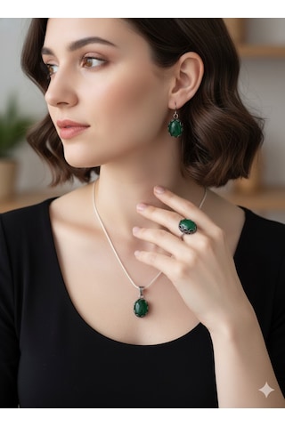 Yeşim Taşlı Gümüş Set Bronz