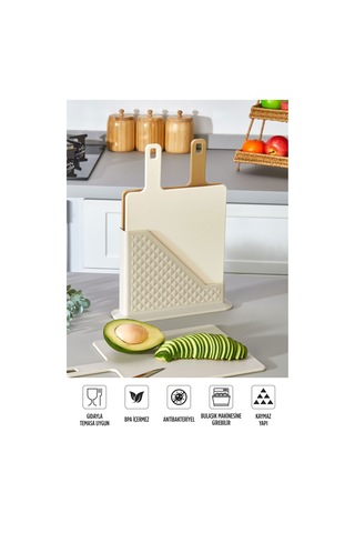 4'lü Tezgah Üstü Standlı Kulplu Kesme Tahtası - Çoklu Doğrama Tahtası Ekmek Sebze Et Kesim Panosu Bej