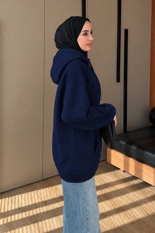 Balenbi Kadın 3 İplik İçi Polarlı Kapüşonlu Tesettür Basic Sweat Hırka 395 Lacivert