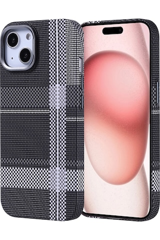 Mobilteam Apple Uyumlu iPhone 15 Kılıf Magsafe Şarj Özellikli Karbon Fiber Görünümlü Nekst Kapak - Gri