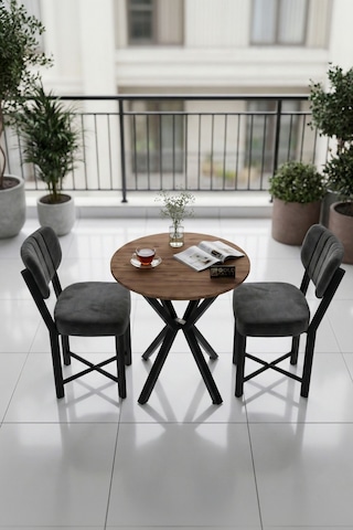 Mutfak Masası 70 Çap Yuvarlak Atlantik Masa 2 Sandalyeli Modern Balkon Cafe Seti Elma Antrasit