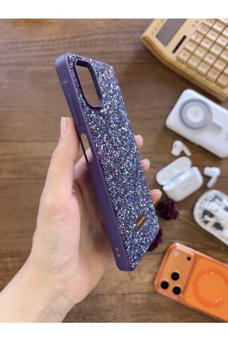Samsung A06 Uyumlu Kadife İç Yüzey Tasarımlı Taşlı Işıltılı Parlak Pırlanta Kılıf Dia Plus Mor