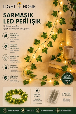 5 Metre 50 Led Li Yapay Sarmaşık Peri Işık Balkon, Bahçe, Oda Ve Duvar Dekoru Sarı