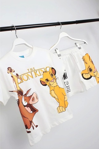 Unisex Çocuk Aslan Lion King Baskılı Pamuklu Bisiklet Yaka Beyaz T - Shirt Ve Şort Alt Üst Takım Beyaz