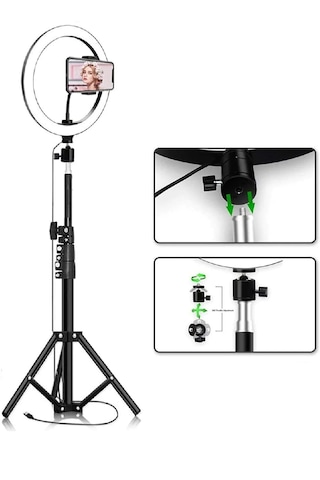 3 Renkli Led Ring Light 26 Cm 10 İnç Bluetooth Kumandalı 2.1m Tripot Youtube Tiktok Make Up Çekim Işığı Siyah