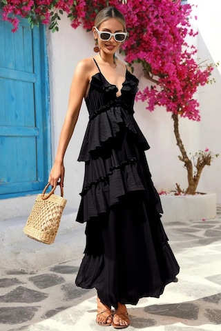 Fashion Cocktail İp Bağlama Askılı Fırfırlı Hacimli Dalgalı Hareketli Yırtmaçsız Maxi Uzun Yazlık Sahil Tatil Elbise Siyah