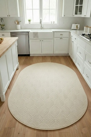 Raschel Carpet Yıkanabilir Oval Elips Leke Tutmaz Yaprak Emboss Krem Mutfak Halısı Özel Seri Kaymaz Taban Halı Krem