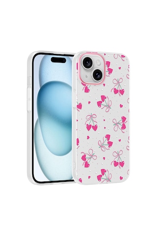 Apple iPhone Uyumlu 14 Kılıf Kamera Korumalı Desenli Zore Klip Kapak - Kalpli Kiraz -