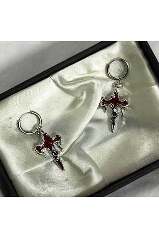 Dükkan Design Gotik Kanlı Haç Küpe Kırmızı