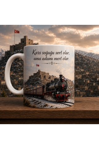 Kars Temalı Porselen Kupa Bardak Kars Kalesi Ve Tren Baskılı Hediyelik 300 Ml Beyaz