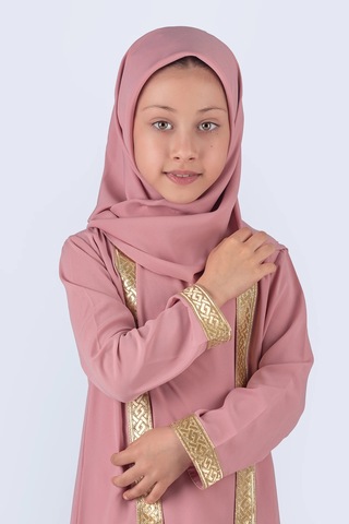 Eşarplı Ferace Medine İpek Kumaş Kız Çocuk Pembe