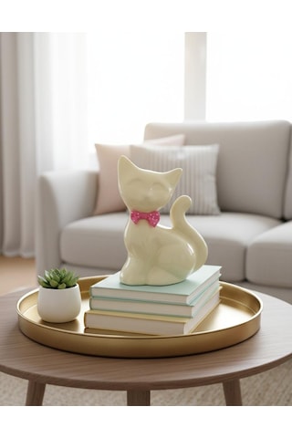 Papyonlu Kedi Dekoratif Biblo Heykel Hediyelik Obje Süs Aksesuar Sarı