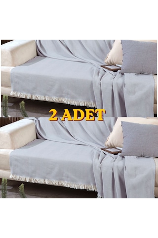 170 210 Cm Pamuklu Önden Saçaklı 170x210 Koltuk Örtüsü 2'li Paket Açık Gri