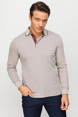 Desen Triko Erkek Polo Yaka Kare Desenli Uzun Kollu Sweatshirt Bej Bej