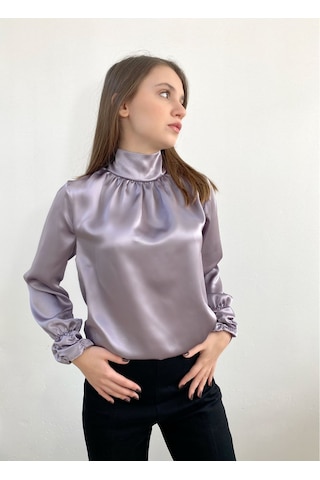Mois Atelier Gül Kurusu - Gri Saten Bluz, Tasarım, Hediye, Büyük Beden, Tesettür Gri