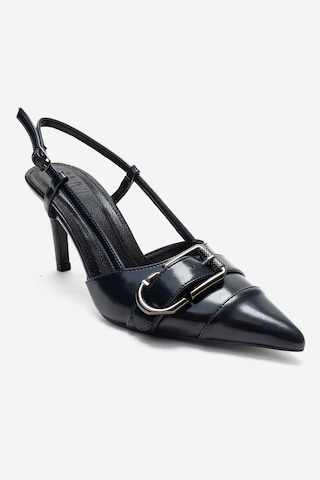 Luvishoes Noen Lacivert Cilt Tokalı Sivri Burun Kadın Topuklu Ayakkabı Lacivert