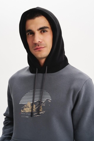 AR-MA Arma Erkek Kapüşonlu Sweatshirt Örme 3 İplik Şardonlu, Yazı Baskılı,cepsiz, Sade Ve Şık, Regular Fit K30254628901 Gri