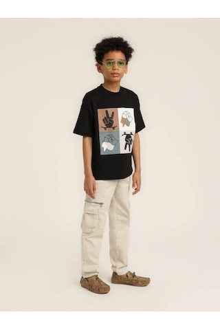Escabel Erkek Çocuk Şapka Desenli Tasarım Pamuklu T-shirt-15627 SIYAH