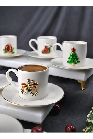 6 Kişilik Yılbaşı Dekorlu Porselen Kahve Fincan Takımı 90 Ml Yeni Yıl Noel 12 Parça Beyaz