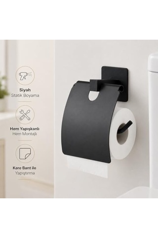 Kare Kapaklı Tuvalet Kağıtlığı Siyah, Yapışkanlı Ve Vidalı Montajlı Metal Wc Kağıtlık, Modern Banyo Tuvale Çok Renkli