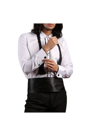 Dicotto Beyaz Siyah Çift Bieli Damatlık Ata Yaka Kol Düğmeli Slim Fit Smokin Gömlek - 003 001