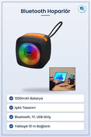 Bluetooth Hoparlör Kablosuz Taşınabilir Işıklı Usb Tf 1200mah Bat