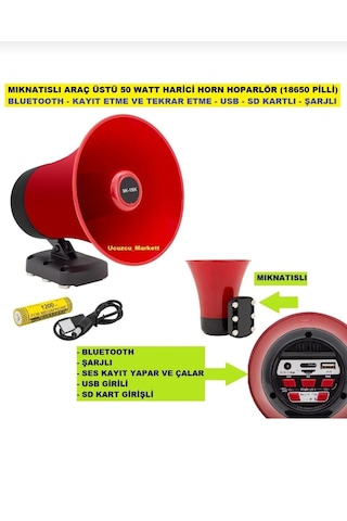 Araç Üstü Mıknatıslı Bluetooth'lu Usb'li Şarjlı 50 Watt Harici Hoparlör