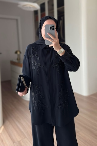 Ka Hijab Boncuk İşlemeli İkili Takım - Siyah