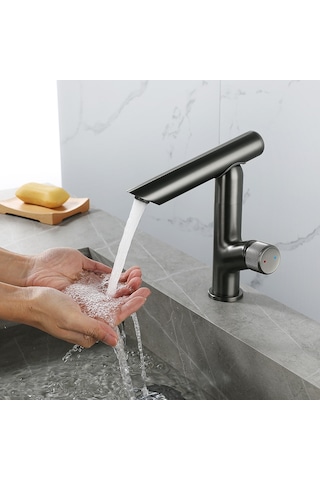 Antrasit Modern Tezgah Üstü 360 Döner Banyo Lavabo Bataryası Siyah