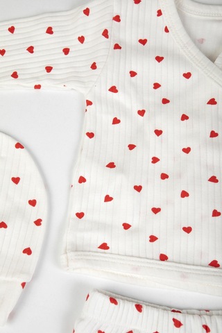 Baby Shez %100 Pamuklu Fitilli 5 Parça Yenidoğan Hastane Çıkışı Kalpli Zıbın Set Krem
