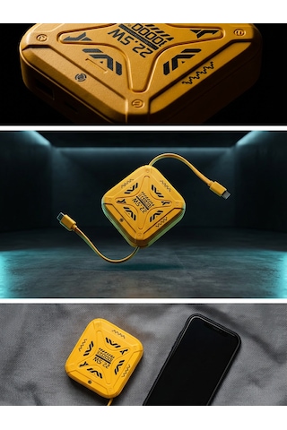 Bloompicks Dahili Kablolu 10000mah 20w Hızlı Şarj Powerbank Type-c & Apple Uyumlu iPhone Led Ekranlı Sarı