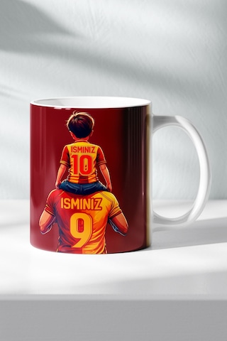 Kişiye Özel Sarı Kırmızı, Taraftar Baba Oğul, Aslan Figür Tasarımlı Baskılı Hediye Kupa Bardak Kırmızı