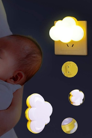 Bulut Şekilli Priz Gece Lambası Led Işık Otomatik Sensörlü Bebek Ve Çocuk Odası Işığı Sarı