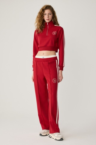 Urban Beat Helena Kadın Dik Yakalı Fermuarlı Küçük Baskı Motifli Crop Kırmızı Sweatshirt Kırmızı