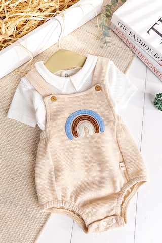 Babymod Gök Kuşaklı 100% Pamuk Erkek Bebek Salopet Yazlık Tulum Bej